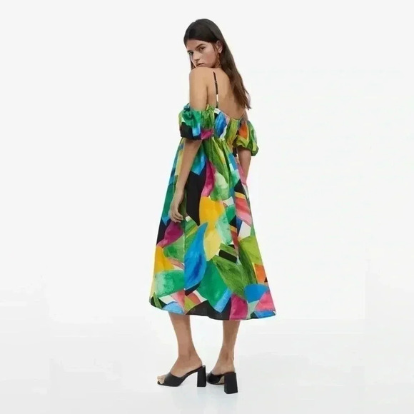 H&M Floral Puff Sleeve Maxi Dress Off-Shoulder Green Linen Blend Cottagecore M - Picture 5 of 11